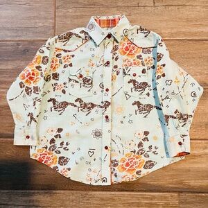 Panhandle Slim Kids Floral Button Down Shirt - Green & Brown. Floral & Horses